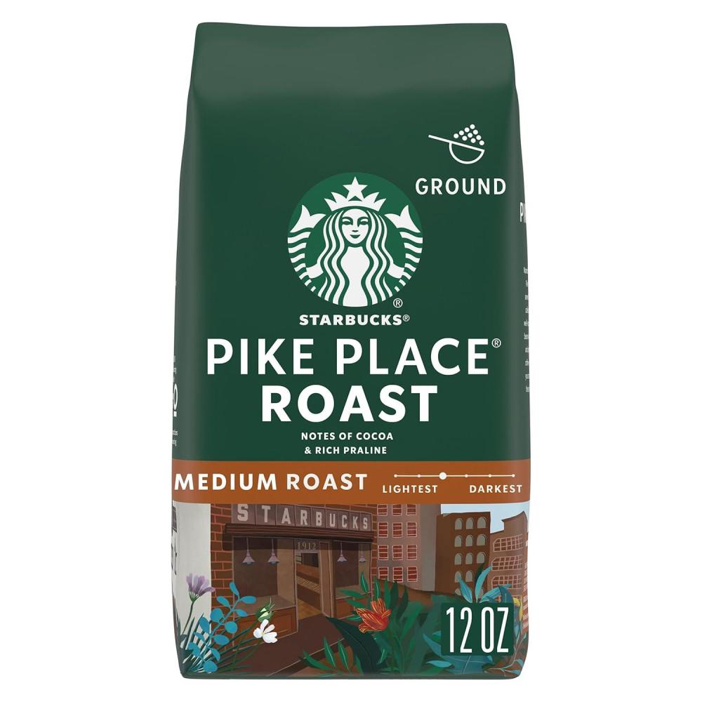 Starbucks Ground Coffee, Medium Roast Coffee, Decaf Pike Place Roast, 100% Arabica, 3 bags (12 oz each)(Pike Place Roast)