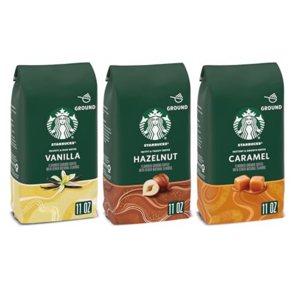 Starbucks Ground Coffee, Flavored Hot or Iced Coffee, Variety Pack, Three 11 oz Bags​(Flavored Variety Pack)