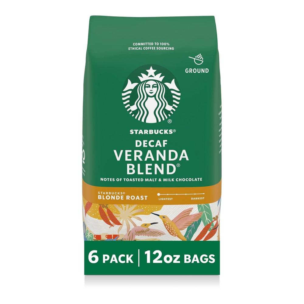 Starbucks Ground Coffee, Blonde Roast Hot or Iced Coffee, Decaf Veranda Blend, Six 12 oz Bags​(12 Ounce (Pack of 6))