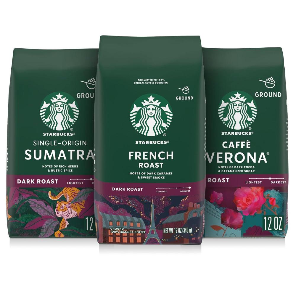 Starbucks Ground Coffee, Dark Roast Hot or Iced Coffee, Variety Pack, Three 12 oz Bags​(Dark Variety Pack)