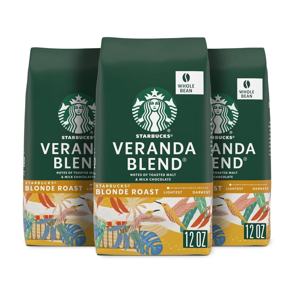 Starbucks Whole Coffee Beans, Starbucks Blonde Roast Hot or Iced Coffee, Veranda Blend, Six 12 oz Bags​(Veranda)