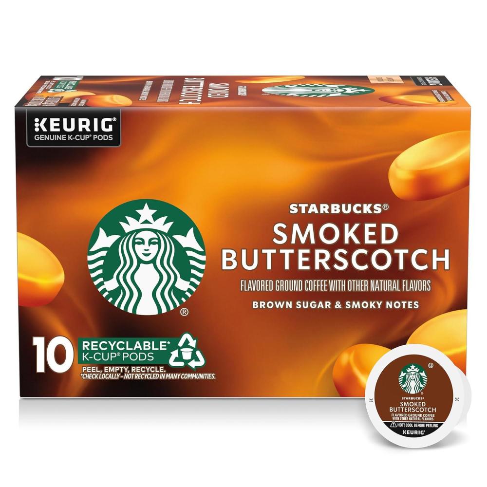Starbucks K-Cup Coffee Pods, Flavored Hot or Iced Coffee, Toffeenut, 10 Keurig Pods(Smoked Butterscotch)