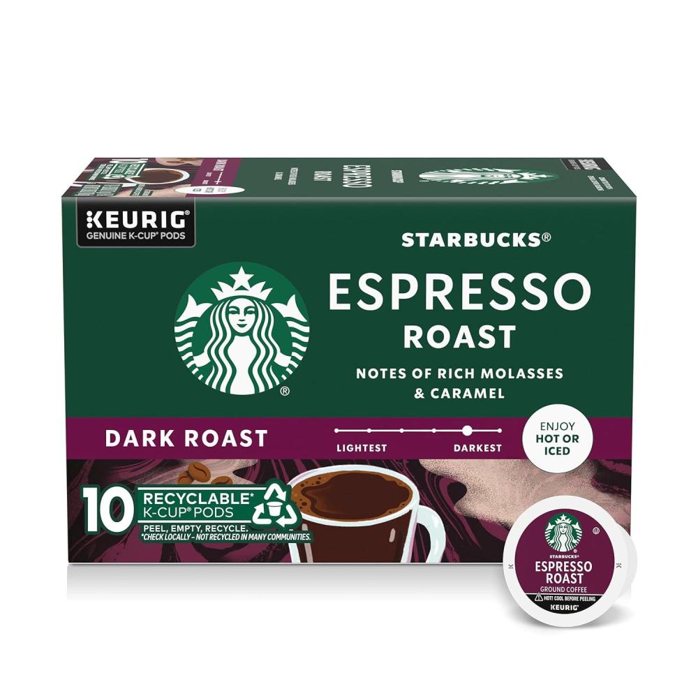 Starbucks K-Cup Coffee Pods, Dark Roast Coffee, Espresso Roast for Keurig Coffee Makers, 100% Arabica, 6 Boxes (60 Pods Total)(Unflavored)