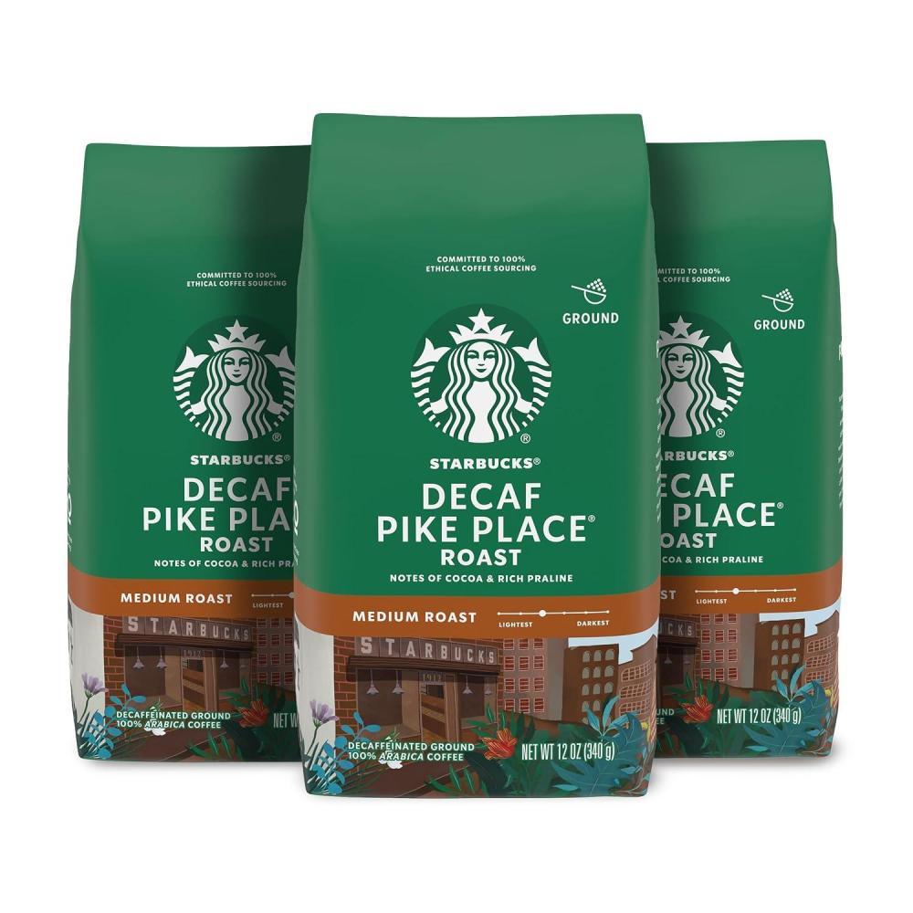 Starbucks Ground Coffee, Medium Roast Coffee, Decaf Pike Place Roast, 100% Arabica, 3 bags (12 oz each)(Decaf Pike Place Roast)
