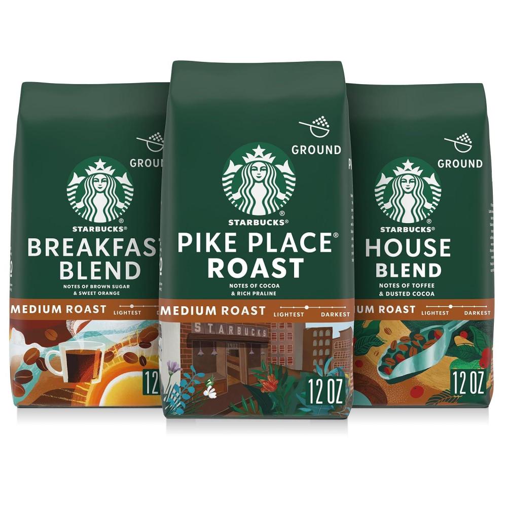 Starbucks Ground Coffee, Medium Roast Hot or Iced Coffee, Variety Pack, Three 12 oz Bags​(Medium Variety Pack)